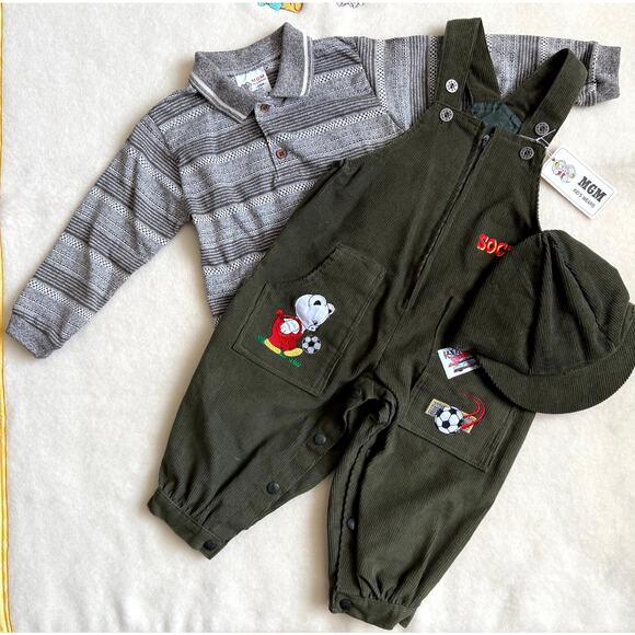 Vintage 90s MGM Kid's Fashion 3-Piece Overalls Set Boys 24M Corduroy Soccer Bear - Picture 2 of 10